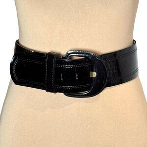 VTG Neiman Marcus Black Patent Leather Wide Belt Sz S Statement Designer